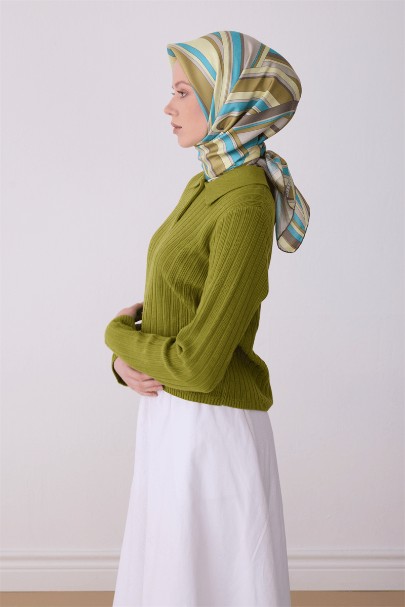 Belli Çok Renkli Geometrik Desen %100 Twill İpek Eşarp 4311-34