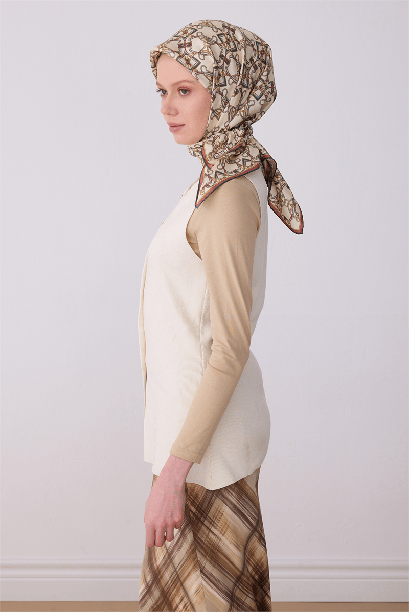 Belli Çok Renkli Klasik Desen %100 Twill İpek Eşarp 4328-81