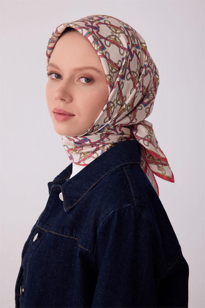 Belli Çok Renkli Klasik Desen %100 Twill İpek Eşarp 4328-80