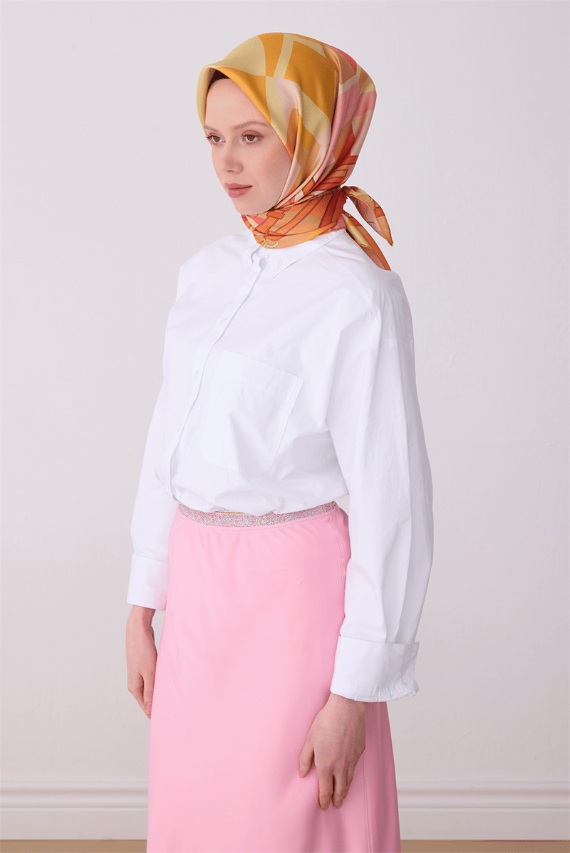 Belli Çok Renkli Obje Desen %100 Twill İpek Eşarp 4300-50