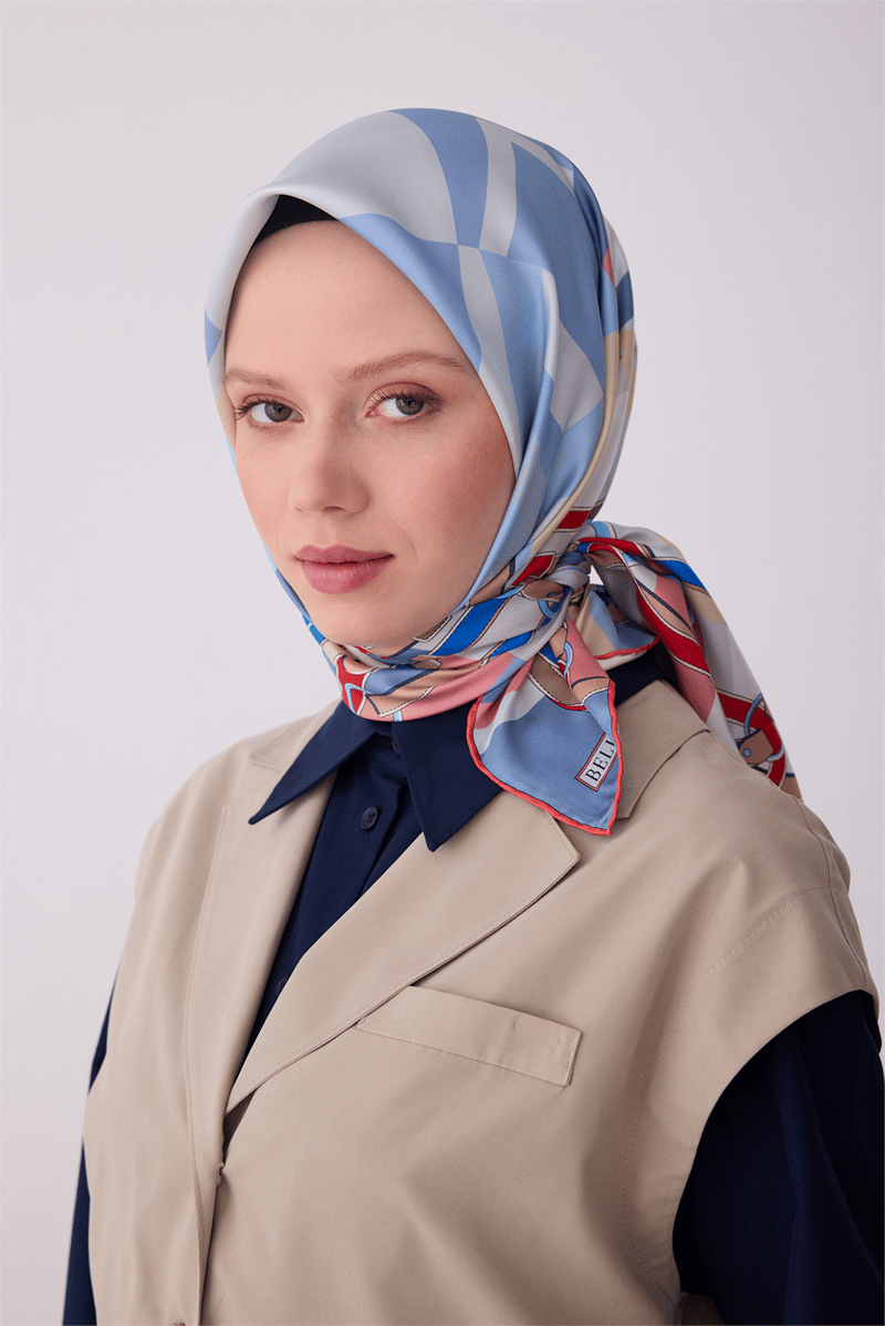 Belli Çok Renkli Obje Desen %100 Twill İpek Eşarp 4300-35