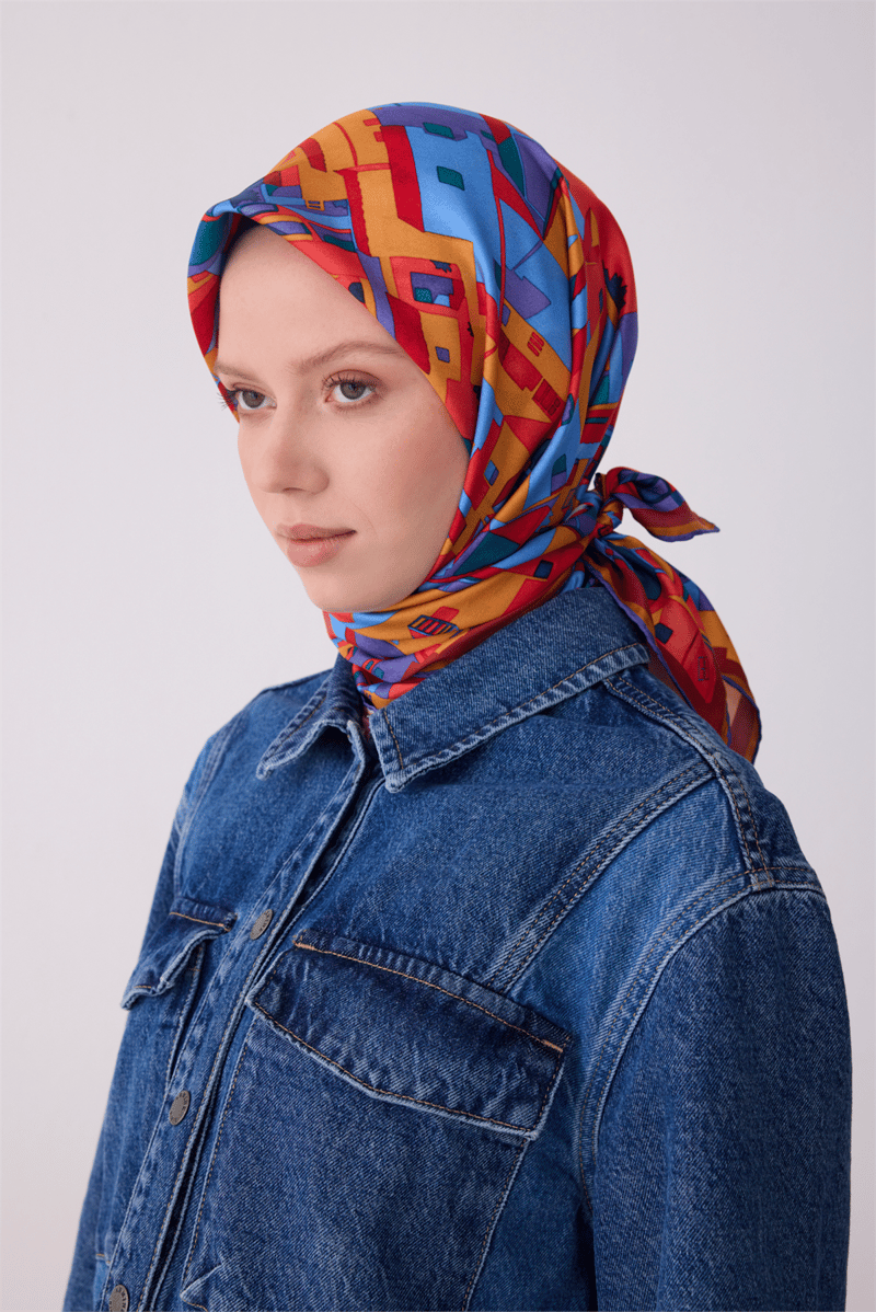 Belli Çok Renkli Obje Desen %100 Twill İpek Eşarp 4307-55