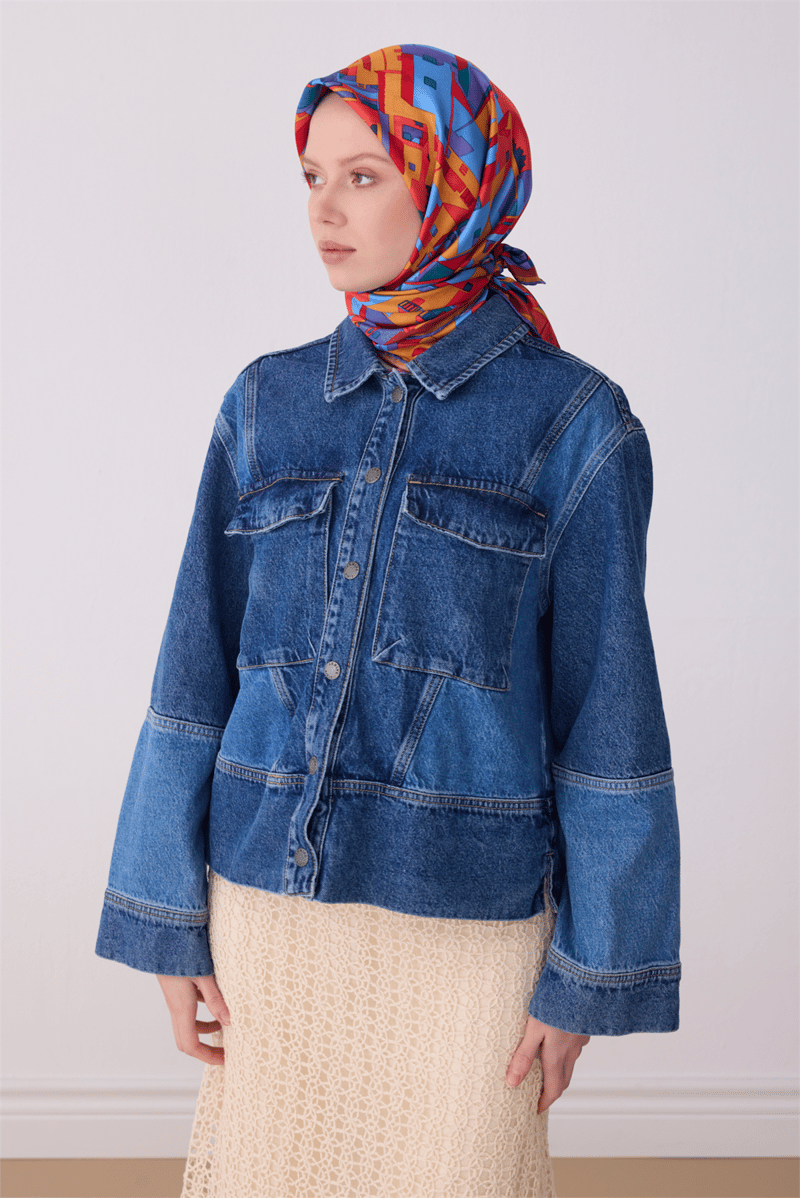 Belli Çok Renkli Obje Desen %100 Twill İpek Eşarp 4307-55