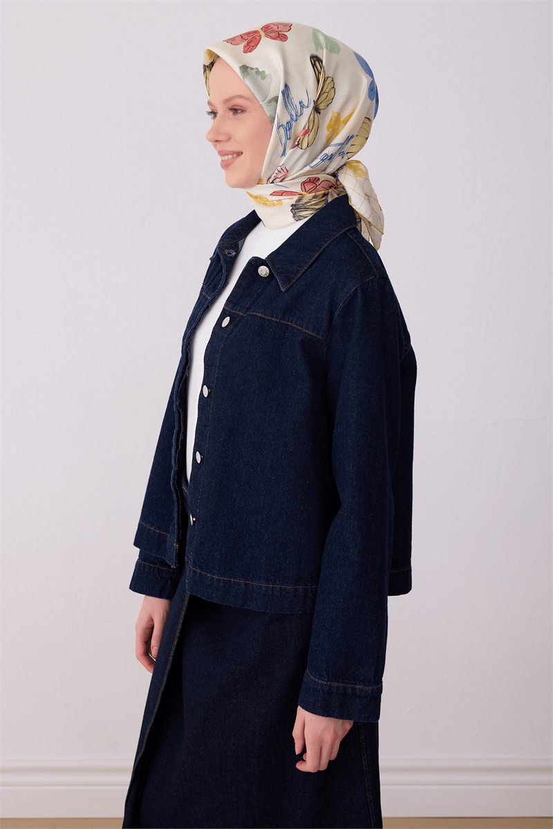 Belli Çok Renkli Obje Desen %100 Twill İpek Eşarp 4329-80