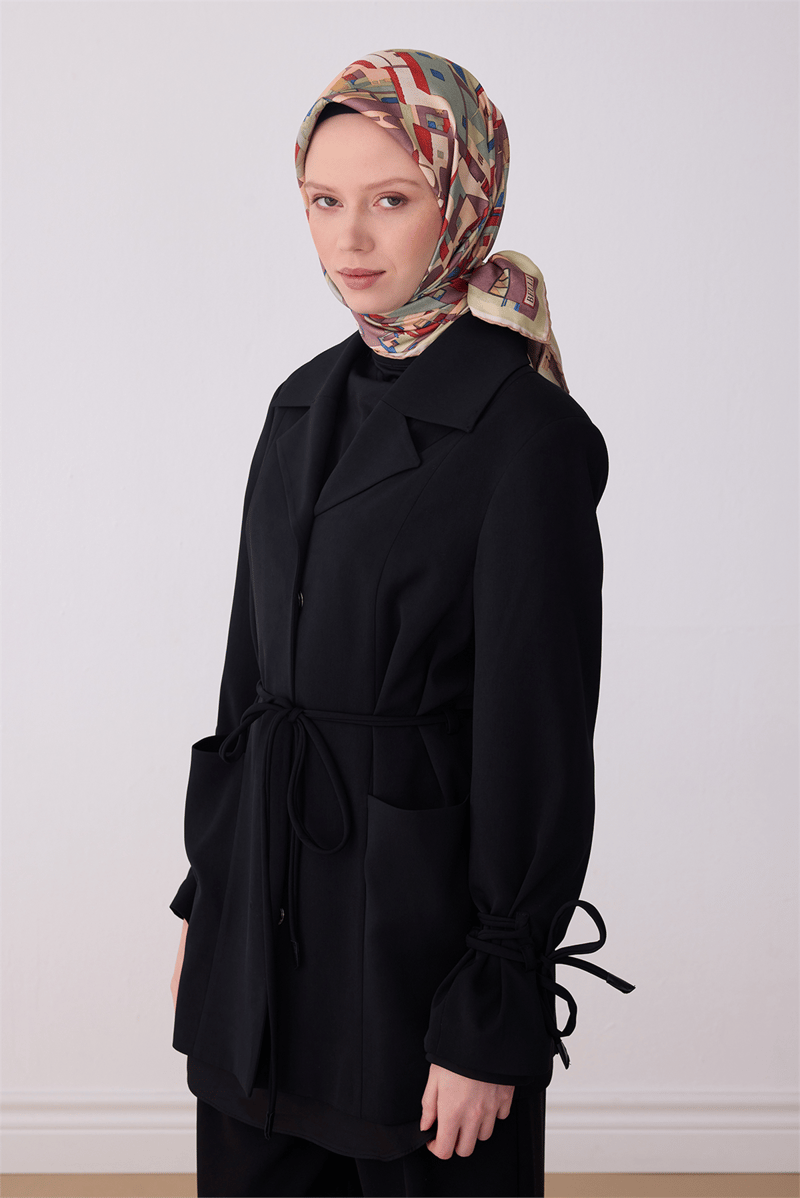 Belli Çok Renkli Obje Desen %100 Twill İpek Eşarp 4307-34