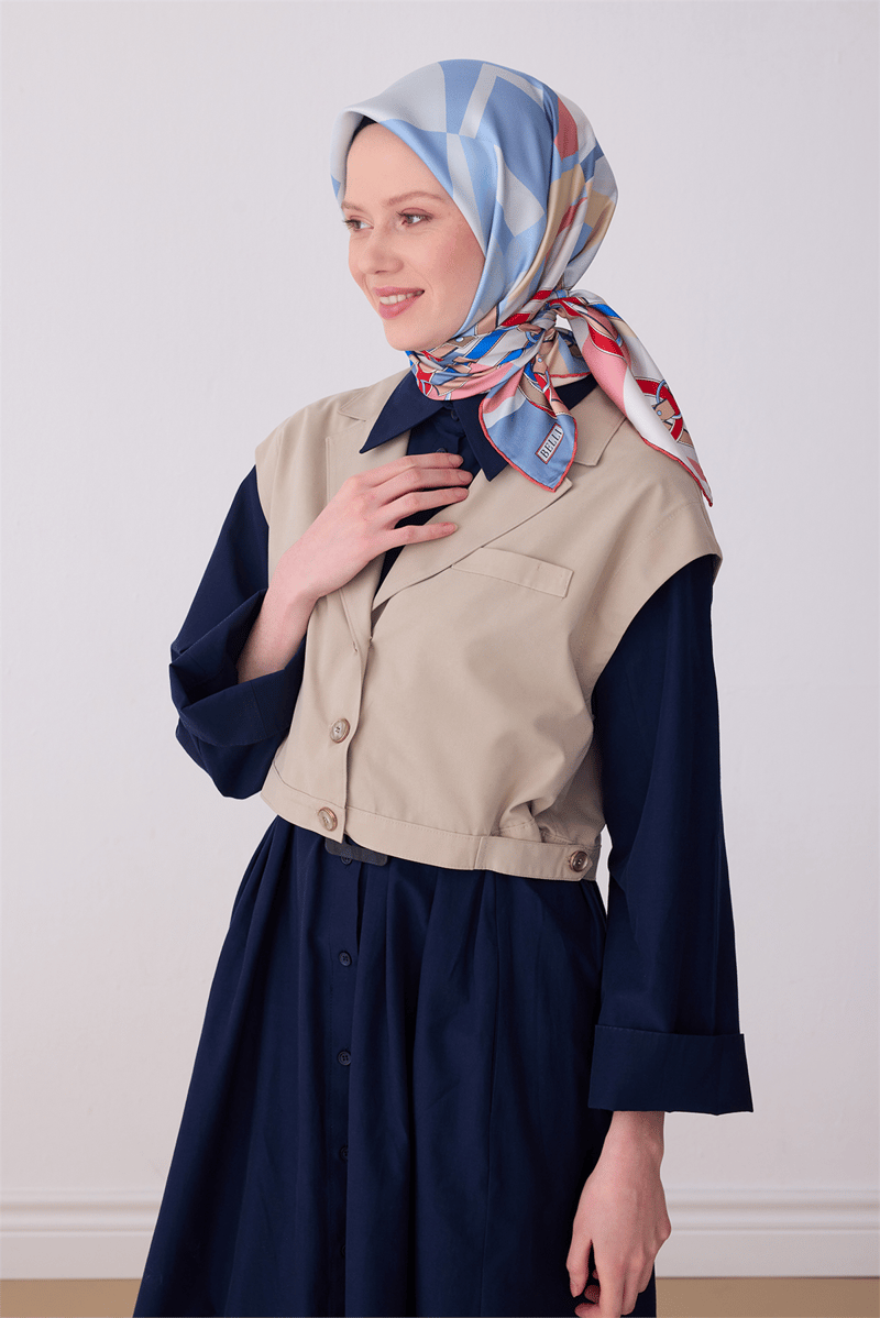 Belli Çok Renkli Obje Desen %100 Twill İpek Eşarp 4300-35