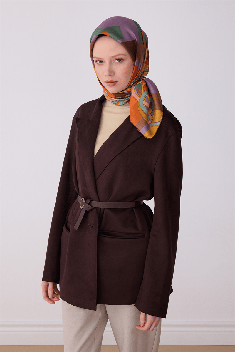 Belli Çok Renkli Obje Desen %100 Twill İpek Eşarp 4300-82