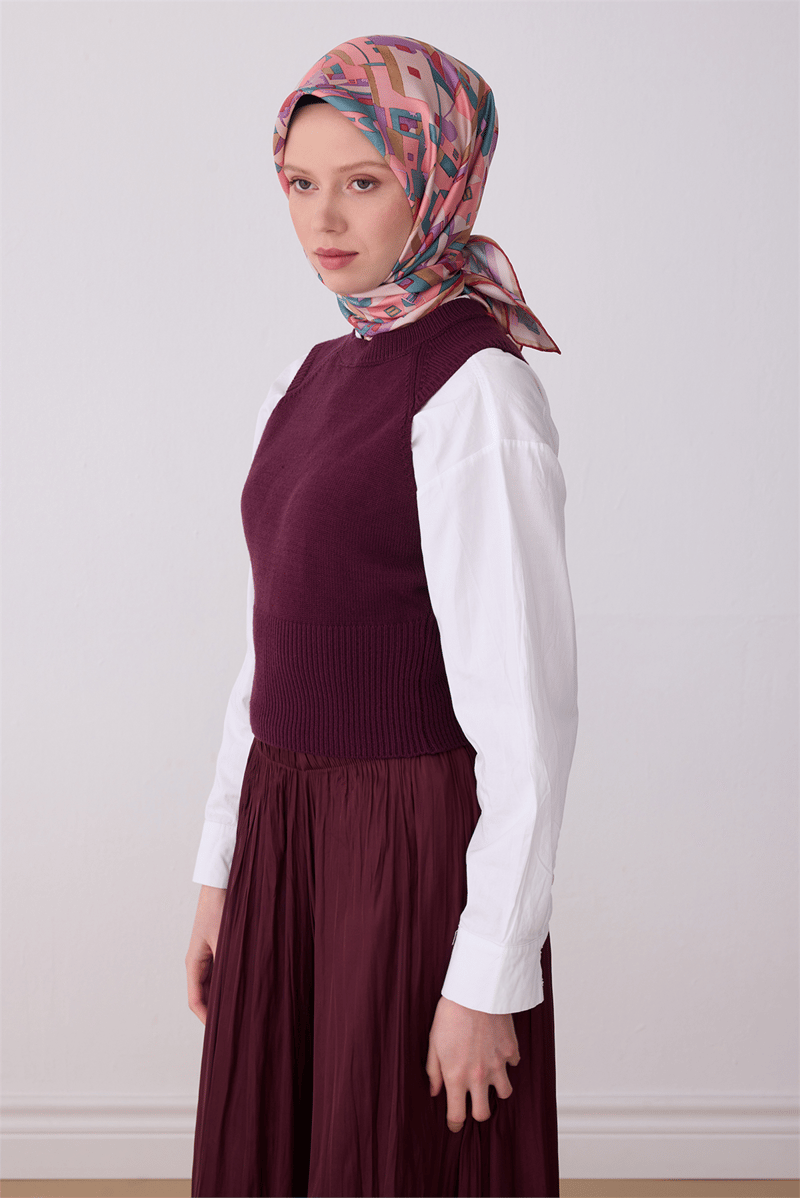 Belli Çok Renkli Obje Desen %100 Twill İpek Eşarp 4307-85