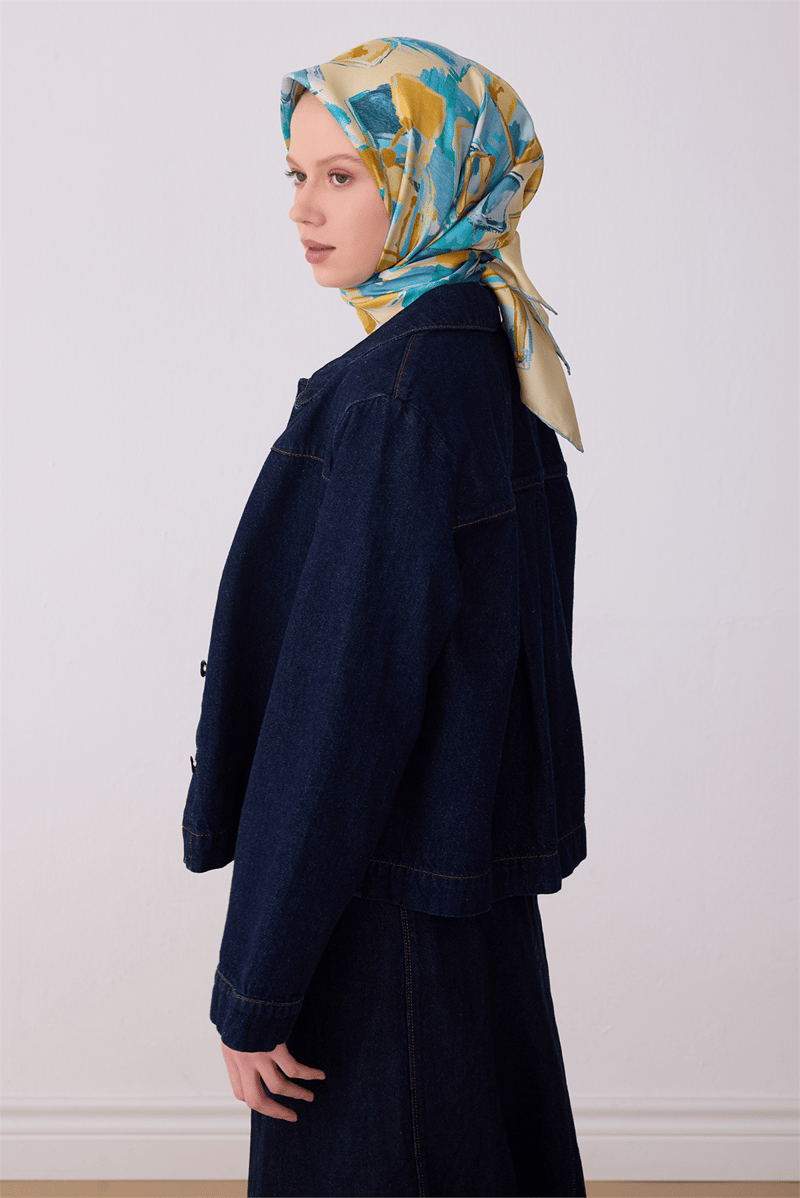 Belli Çok Renkli Soyut Desen %100 Twill İpek Eşarp 4310-83