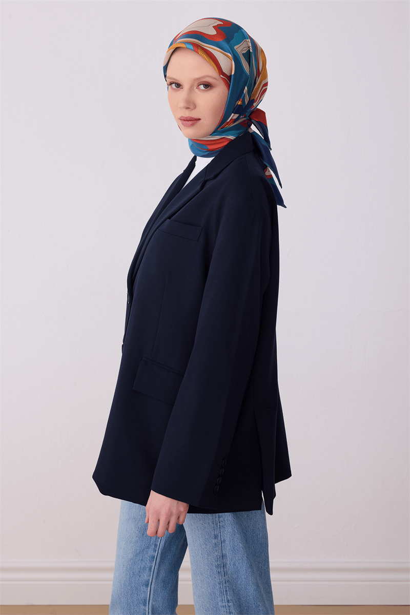 Belli Çok Renkli Soyut Desen %100 Twill İpek Eşarp 4318-80