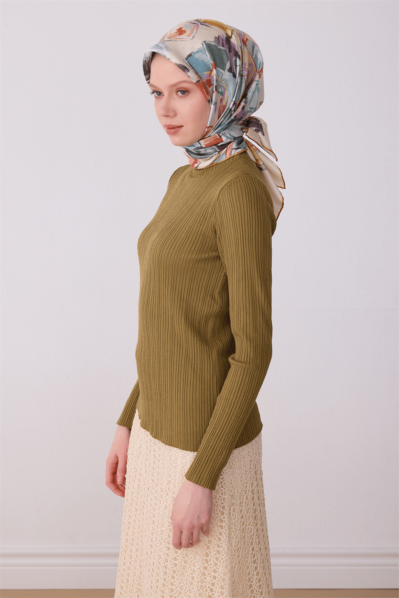 Belli Çok Renkli Soyut Desen %100 Twill İpek Eşarp 4310-81