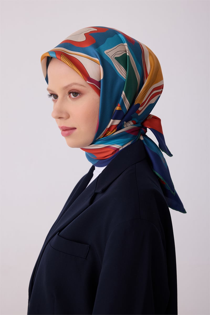 Belli Çok Renkli Soyut Desen %100 Twill İpek Eşarp 4318-80