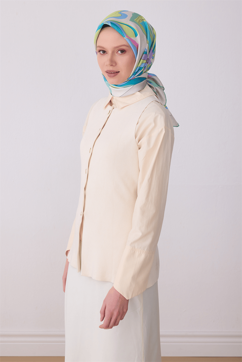 Belli Çok Renkli Soyut Desen %100 Twill İpek Eşarp 4318-01