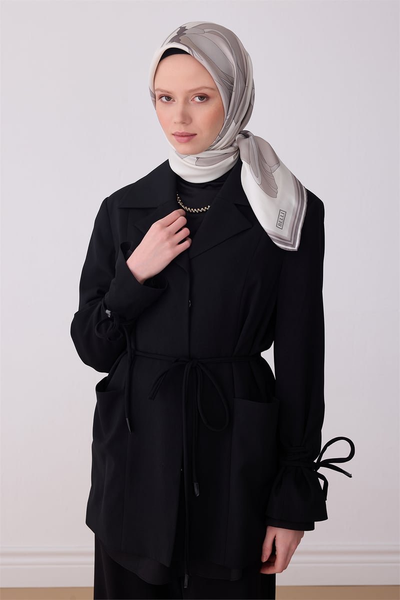 Belli Ekru Çiçek Desen %100 Twill İpek Eşarp 4303-04