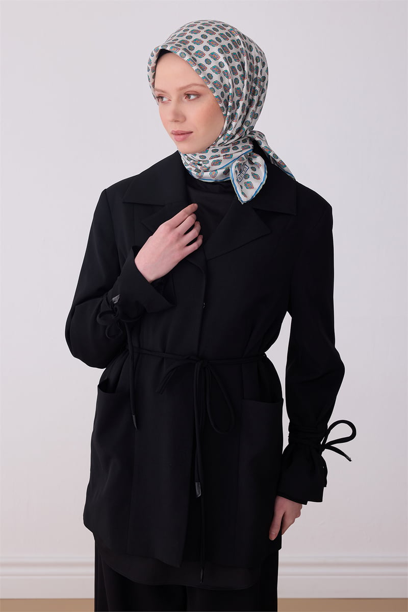 Belli Ekru Etnik Desen %100 Twill İpek Eşarp 4308-87