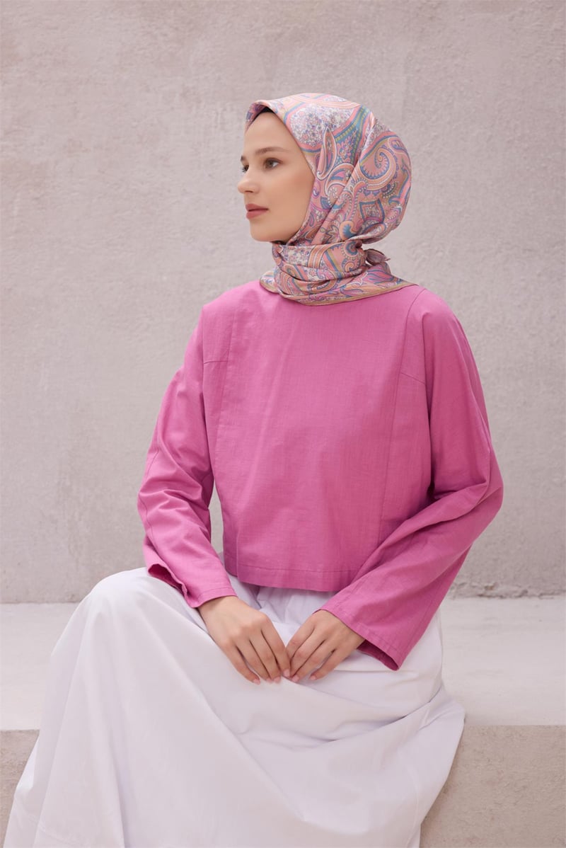 {URUNSEO_TITLE} | BELLI | BELLİ İPEK EŞARP | BELLİ ETNİK DESEN İPEK EŞARP 4202D (TWILL) PUDRA - 03
