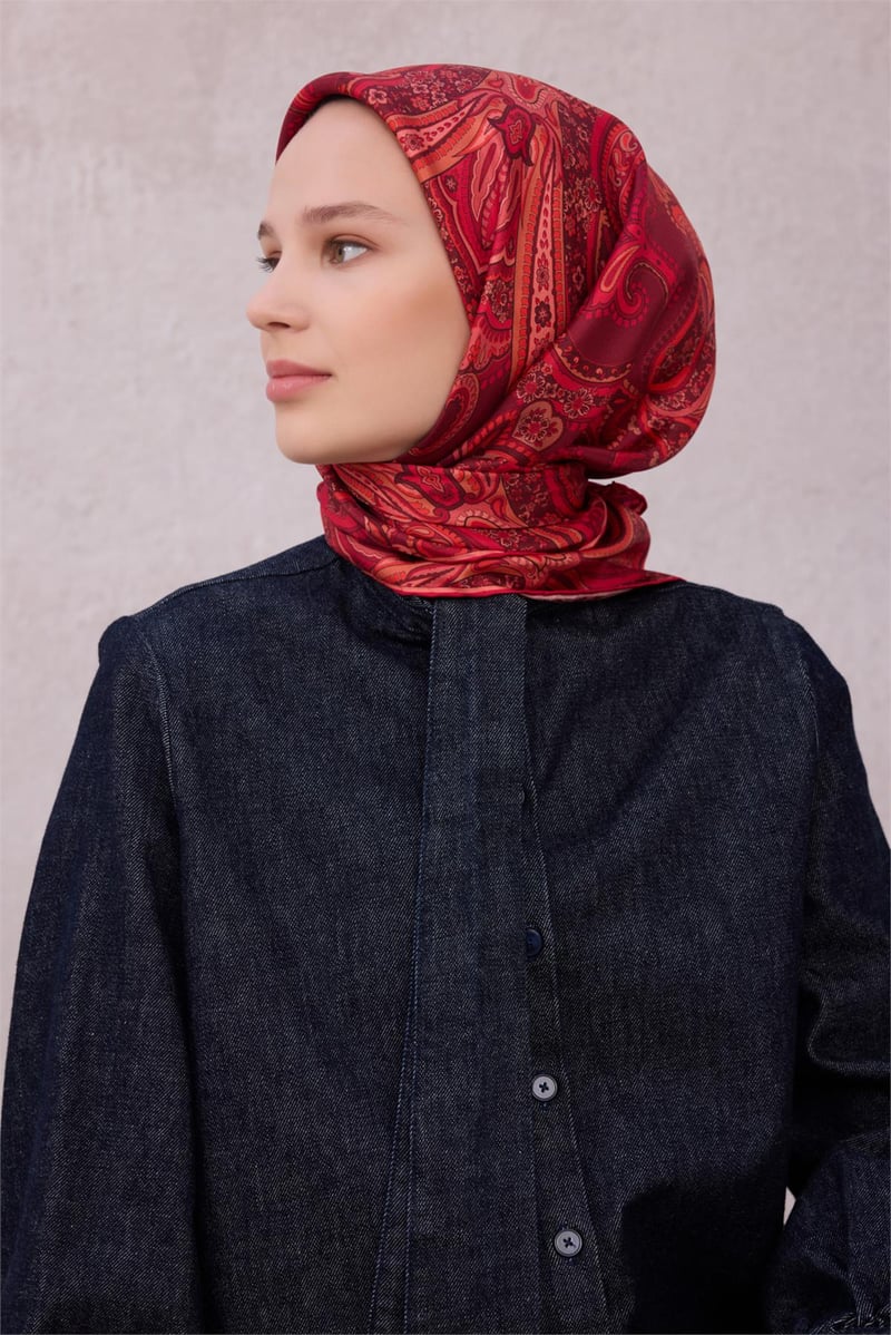 {URUNSEO_TITLE} | BELLI | BELLİ İPEK EŞARP | BELLİ ETNİK DESEN İPEK EŞARP 4202D (TWILL) BORDO - 05