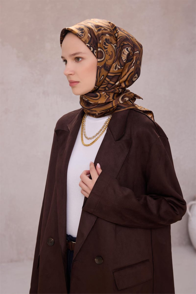 {URUNSEO_TITLE} | BELLI | BELLİ İPEK EŞARP | BELLİ ETNİK DESEN İPEK EŞARP 4222D (TWILL) KAHVE - 89