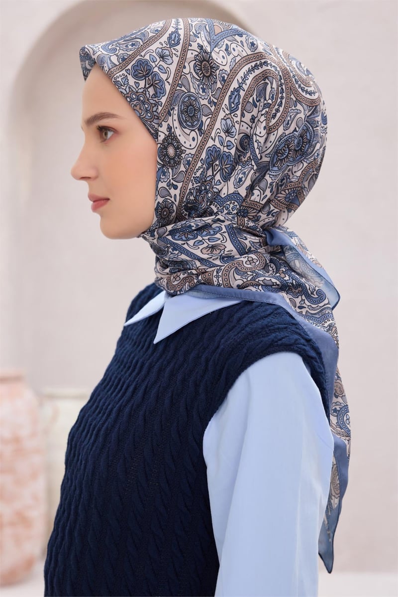 {URUNSEO_TITLE} | BELLI | POLYESTER EŞARP | BELLİ ETNİK DESEN PREMIUM SOFT İNDİGO EŞARP 4