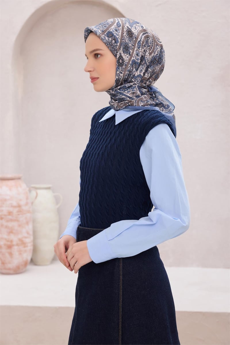 {URUNSEO_TITLE} | BELLI | POLYESTER EŞARP | BELLİ ETNİK DESEN PREMIUM SOFT İNDİGO EŞARP 4