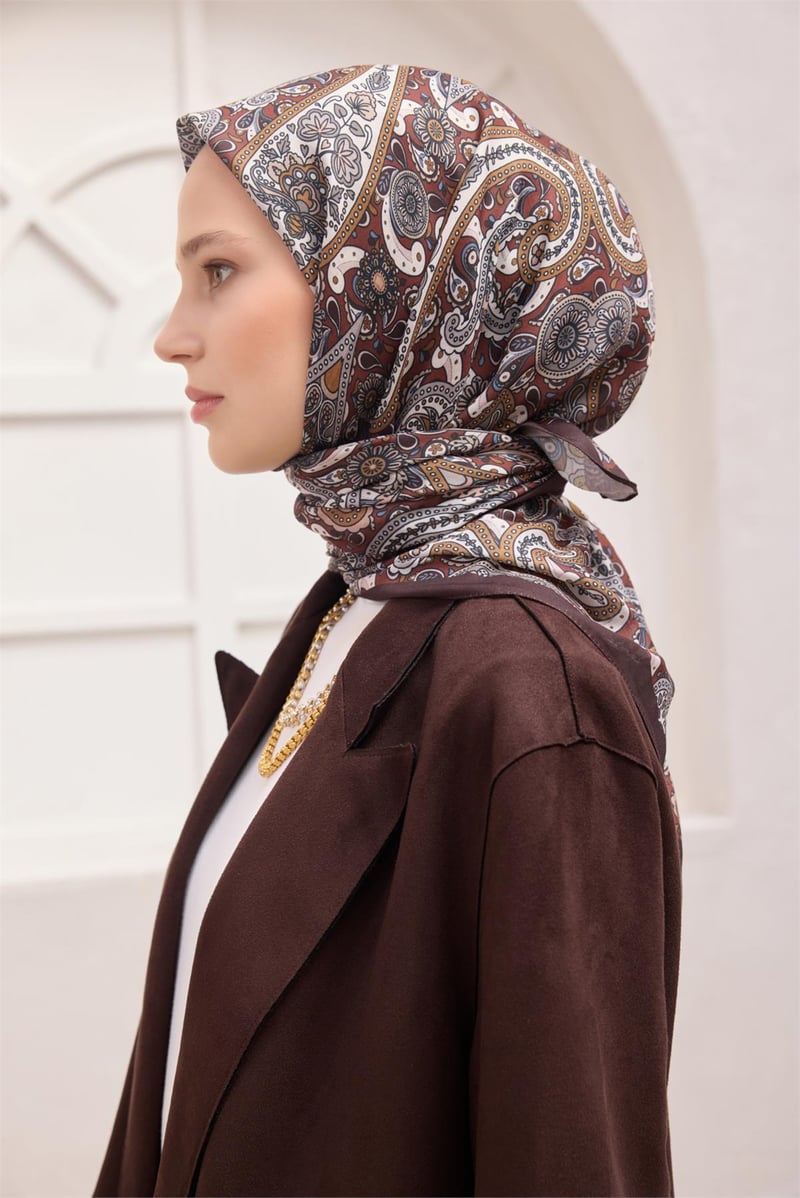 {URUNSEO_TITLE} | BELLI | POLYESTER EŞARP | BELLİ ETNİK DESEN PREMIUM SOFT KAHVE EŞARP 4