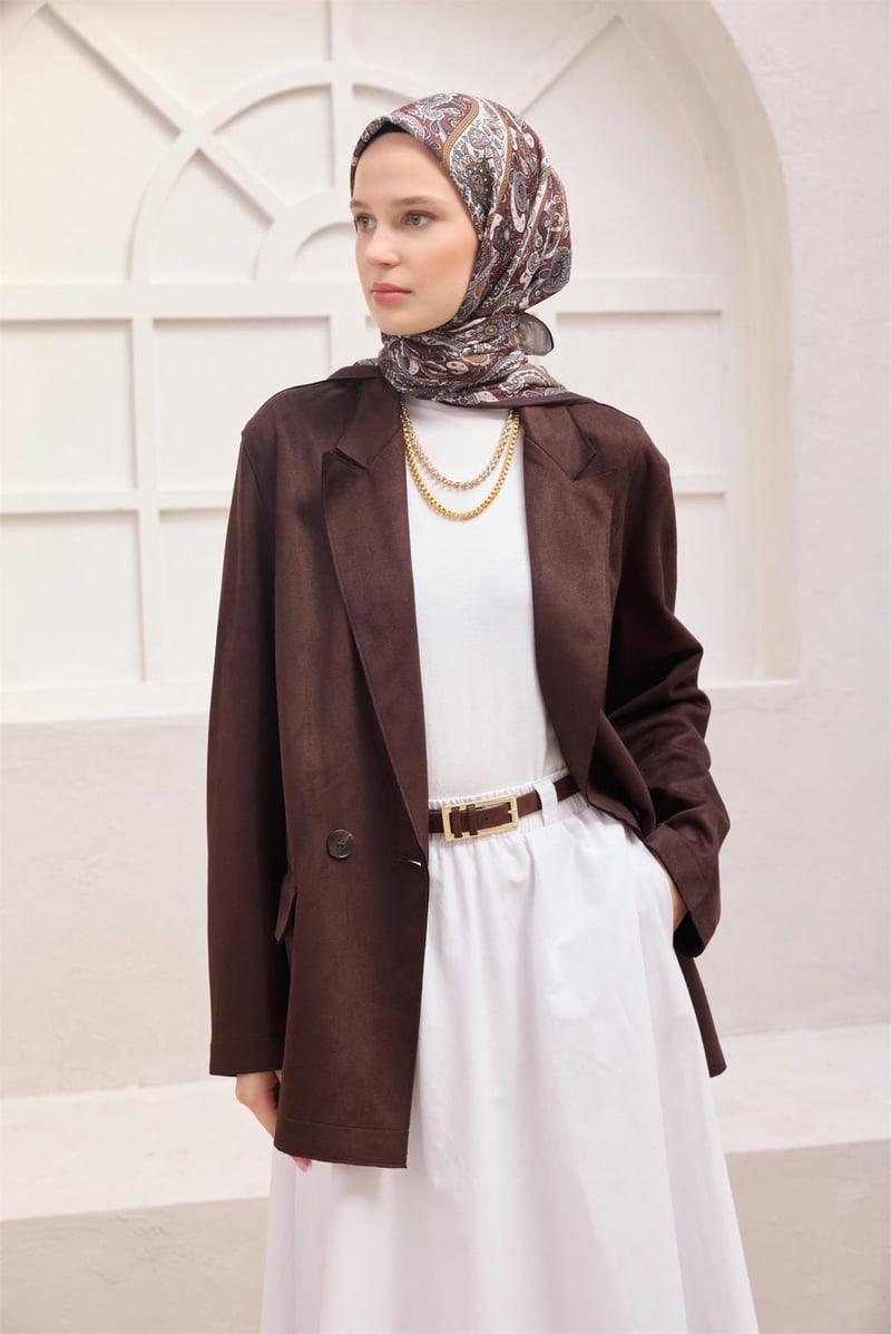 {URUNSEO_TITLE} | BELLI | POLYESTER EŞARP | BELLİ ETNİK DESEN PREMIUM SOFT KAHVE EŞARP 4