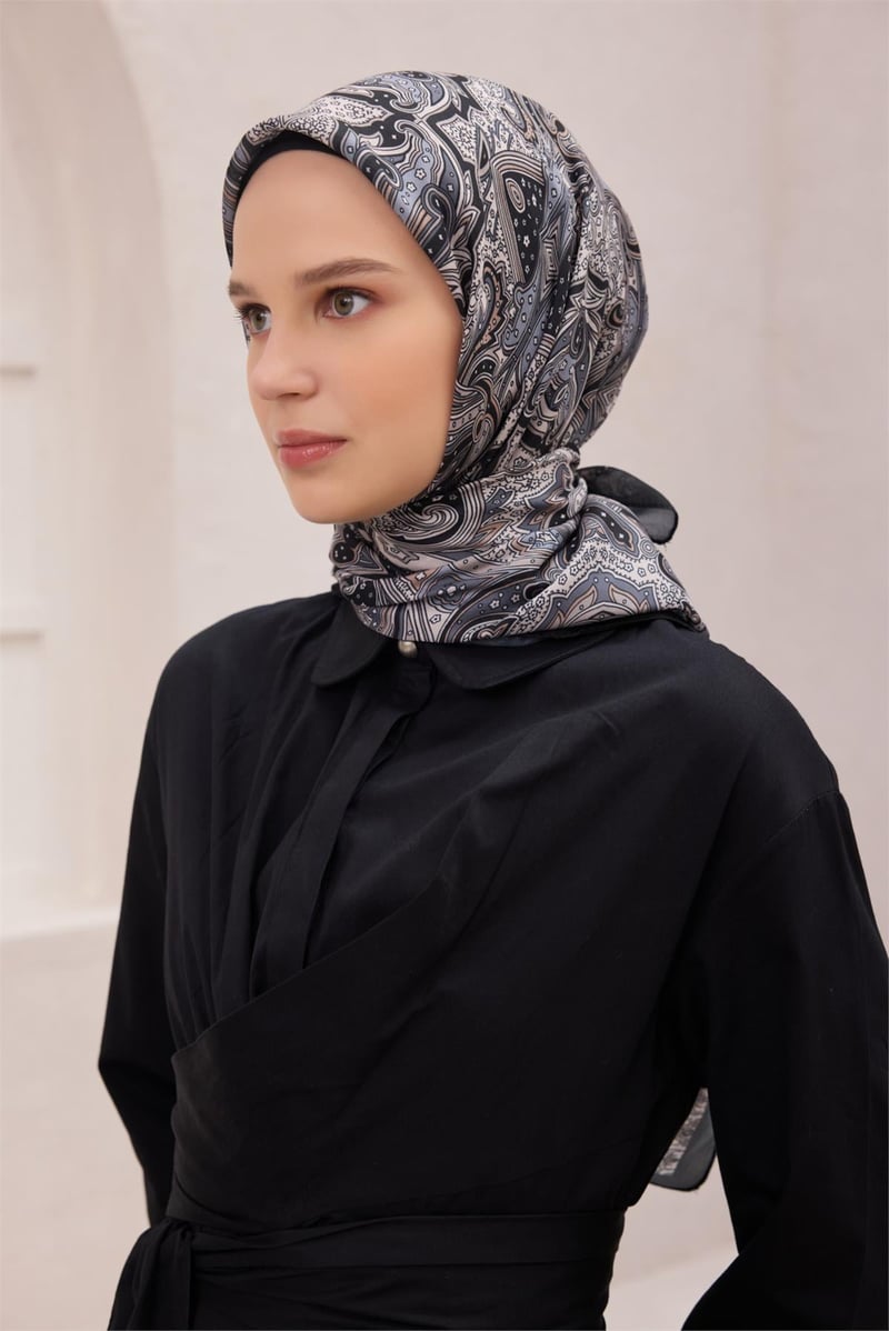 {URUNSEO_TITLE} | BELLI | POLYESTER EŞARP | BELLİ ETNİK DESEN PREMIUM SOFT SİYAH - BEYAZ EŞARP 5