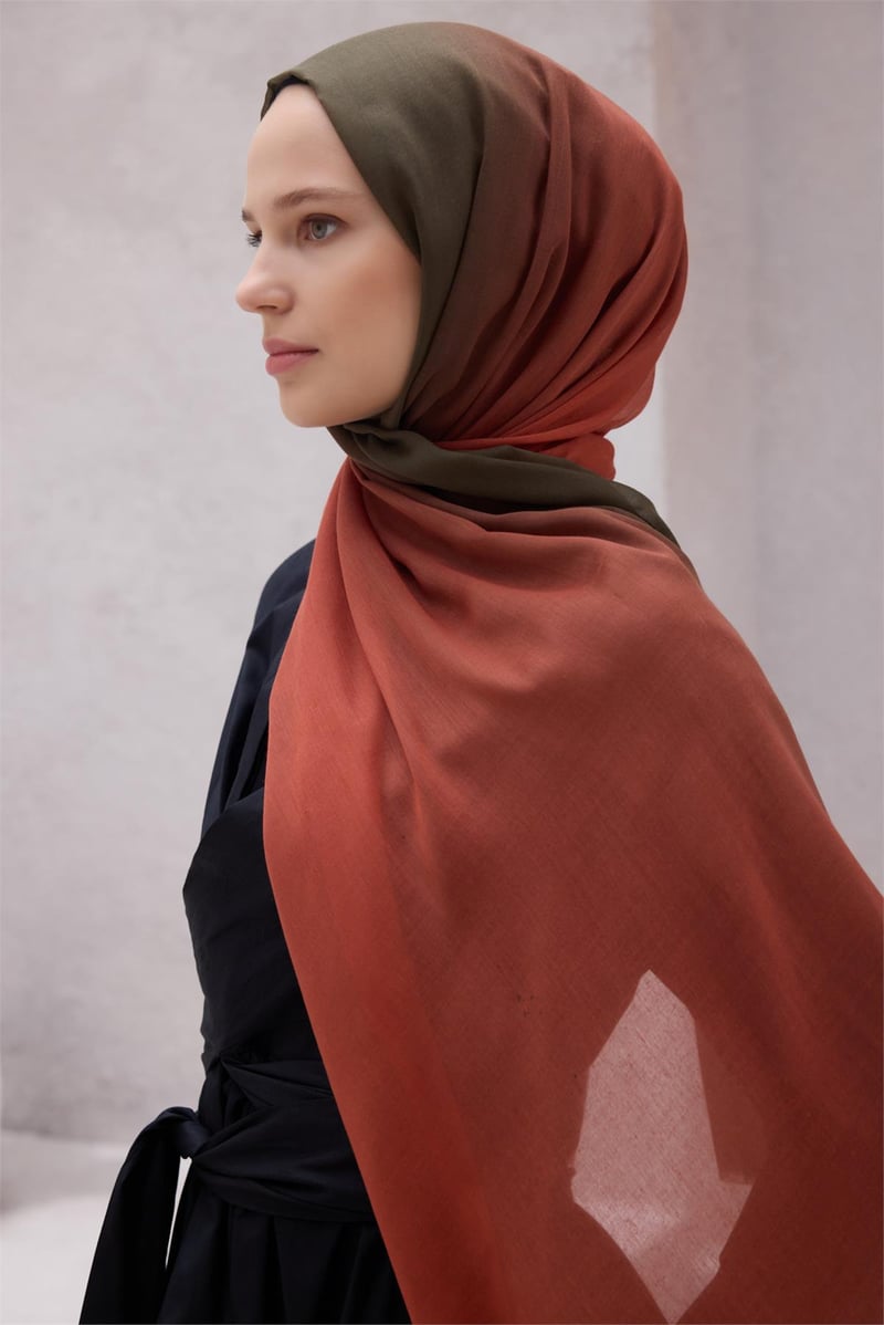 {URUNSEO_TITLE} | BELLI | POLYESTER ŞAL | BELLİ FRESH GEÇİŞLİ DESEN KİREMİT-HAKİ DEGRADE ŞAL