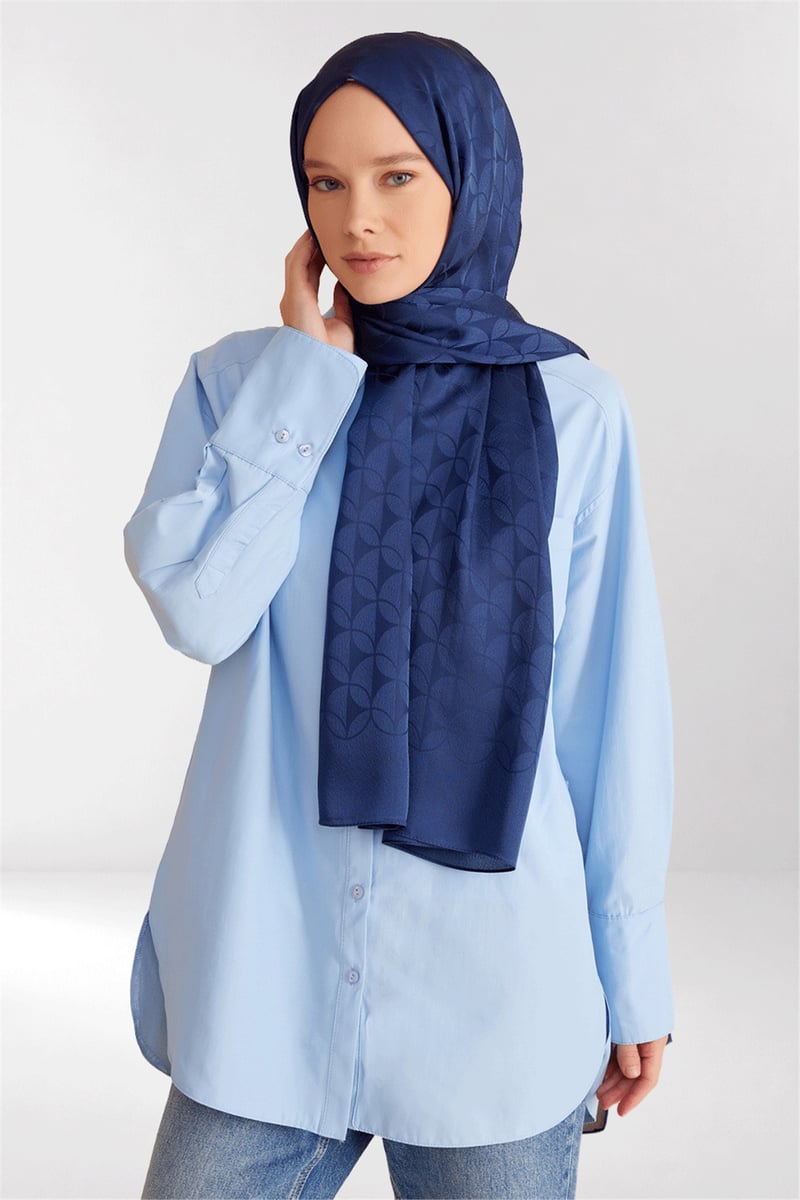Belli Fresh Geometrik Desen Gece Mavisi Jakarlı Şal 1 - 247793