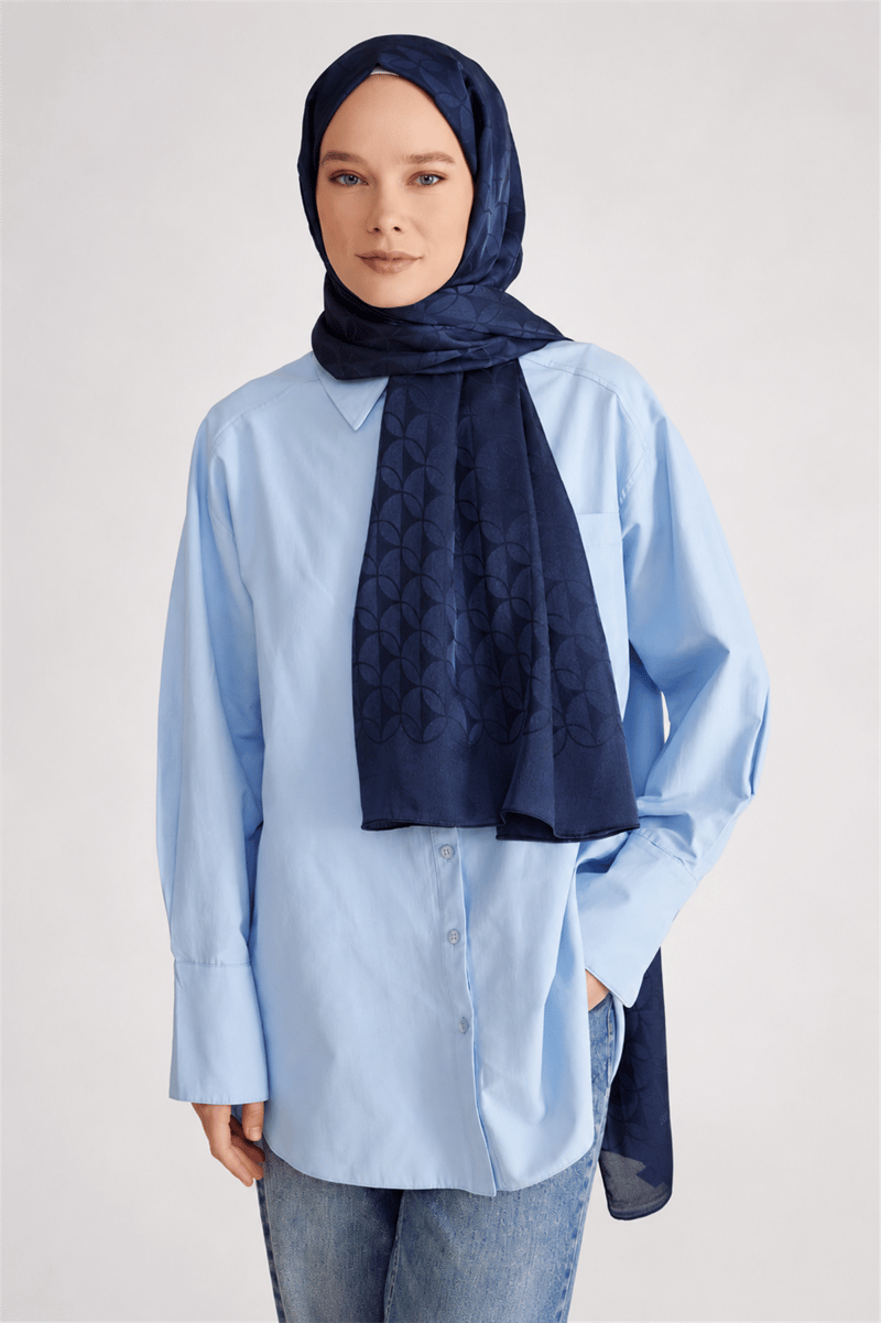 Belli Fresh Geometrik Desen Lacivert Jakarlı Şal 1 - 242107