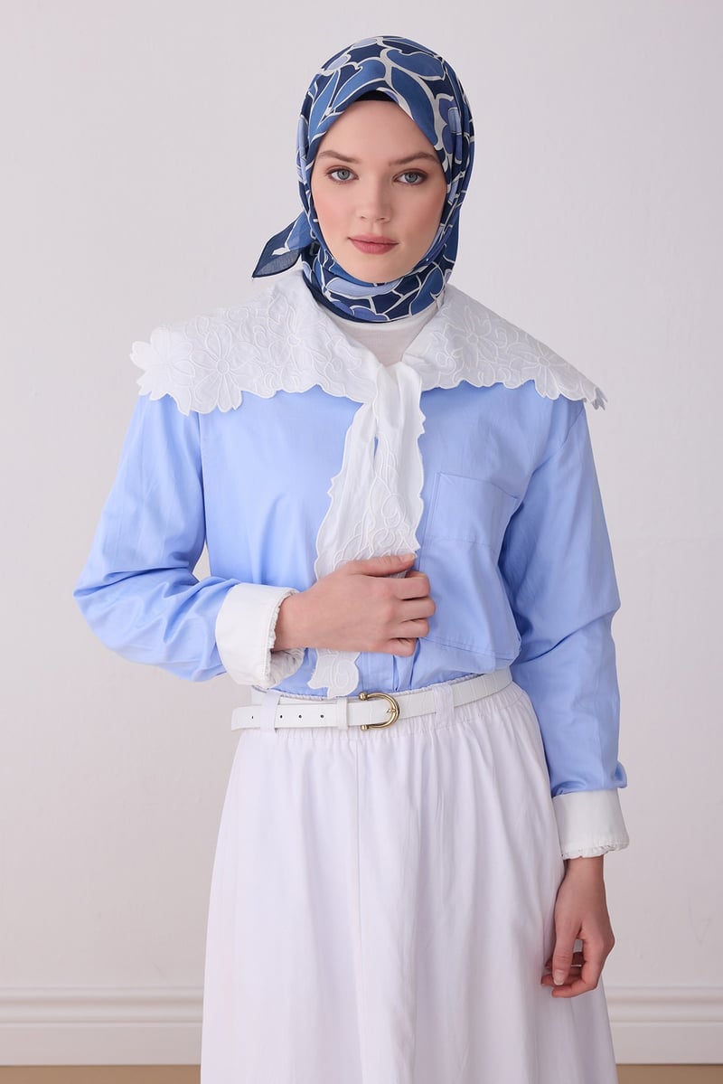 Belli Fresh İndigo Mavi Etnik Desen Vual Eşarp 3287 - 23
