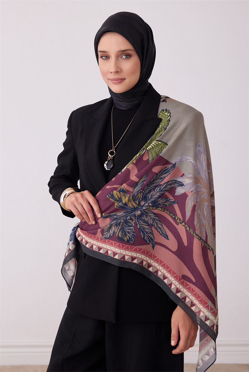 Belli Fresh Mürdüm Çiçek Desen Omuz Şalı 5667 - 14