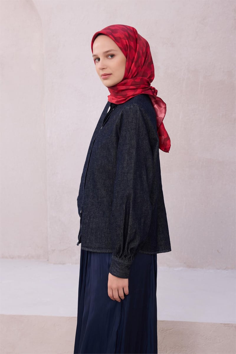 {URUNSEO_TITLE} | BELLI | BELLİ İPEK EŞARP | BELLİ GEOMETİK DESEN İPEK EŞARP 4211D (TWILL) KIRMIZI - 02