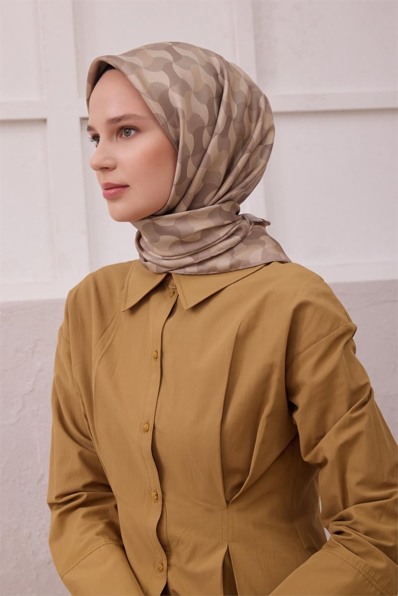 {URUNSEO_TITLE} | BELLI | BELLİ İPEK EŞARP | BELLİ GEOMETİK DESEN İPEK EŞARP 4211D (TWILL) BEJ RENGİ - 05