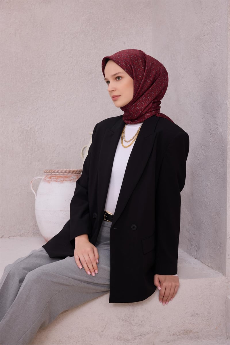 {URUNSEO_TITLE} | BELLI | BELLİ İPEK EŞARP | BELLİ GEOMETİK DESEN İPEK EŞARP 4215D (TWILL) BORDO - 01
