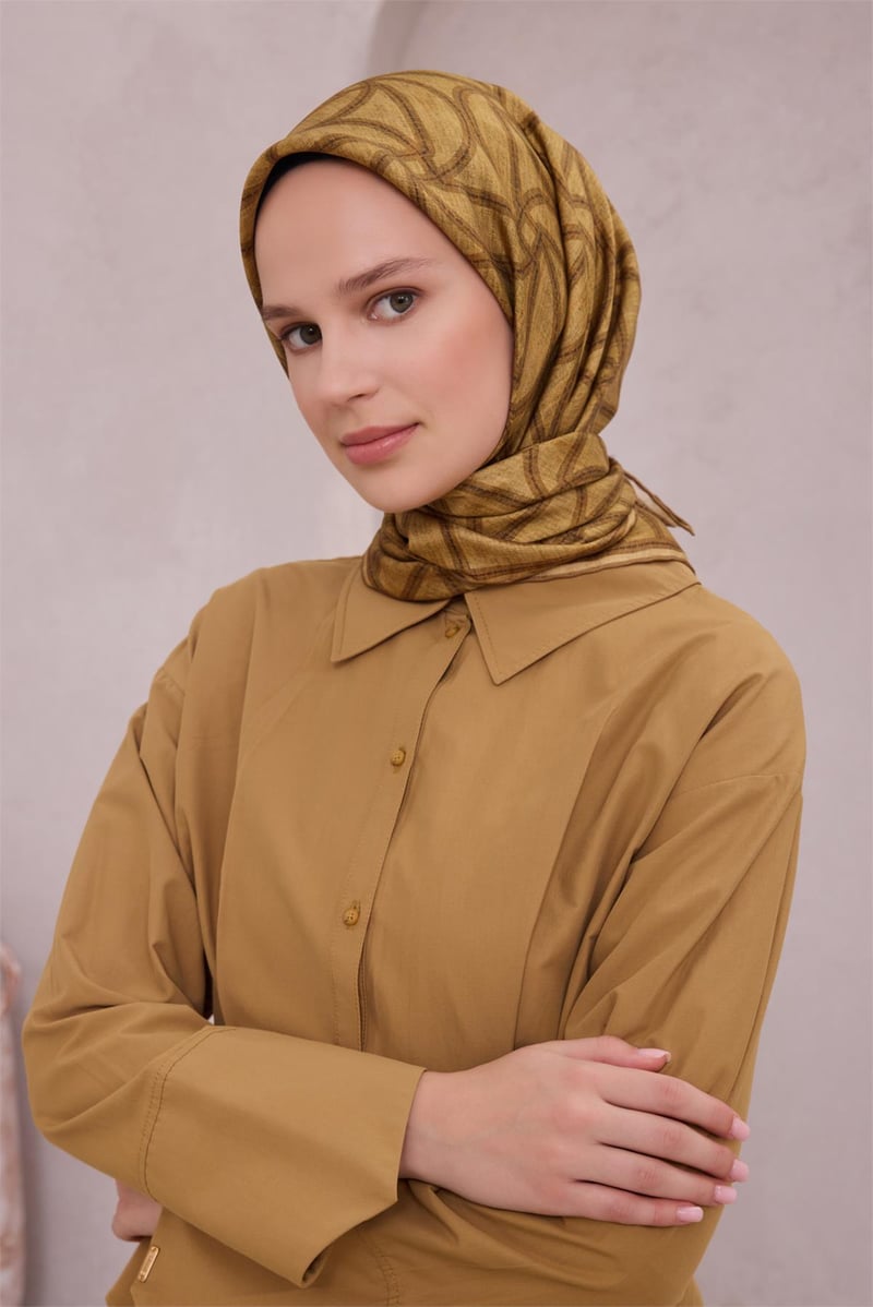 {URUNSEO_TITLE} | BELLI | BELLİ İPEK EŞARP | BELLİ GEOMETİK DESEN İPEK EŞARP 4221D (TWILL) HARDAL - 02