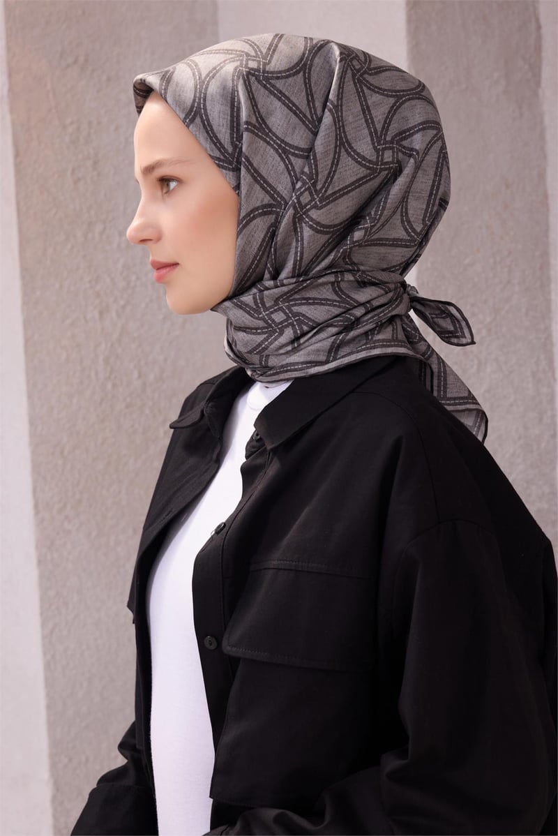 {URUNSEO_TITLE} | BELLI | BELLİ İPEK EŞARP | BELLİ GEOMETİK DESEN İPEK EŞARP 4221D (TWILL) GRİ - 05