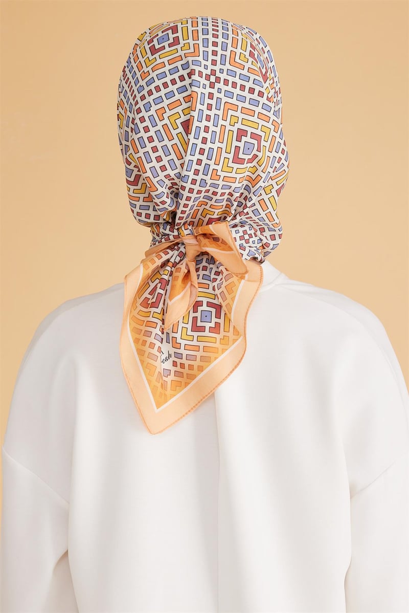 {URUNSEO_TITLE} | BELLI | POLYESTER EŞARP | BELLİ GEOMETRİK DESEN MODALTURUNCU EŞARP 5