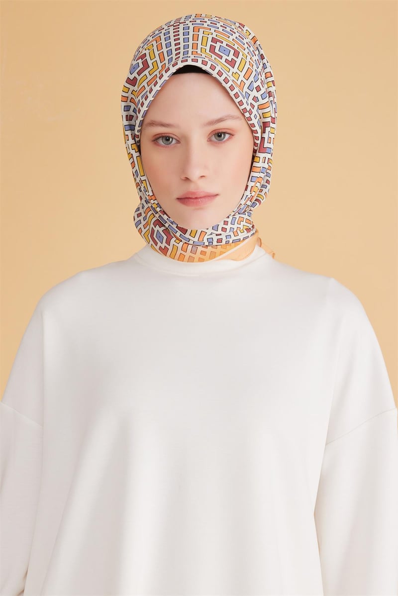 {URUNSEO_TITLE} | BELLI | POLYESTER EŞARP | BELLİ GEOMETRİK DESEN MODALTURUNCU EŞARP 5