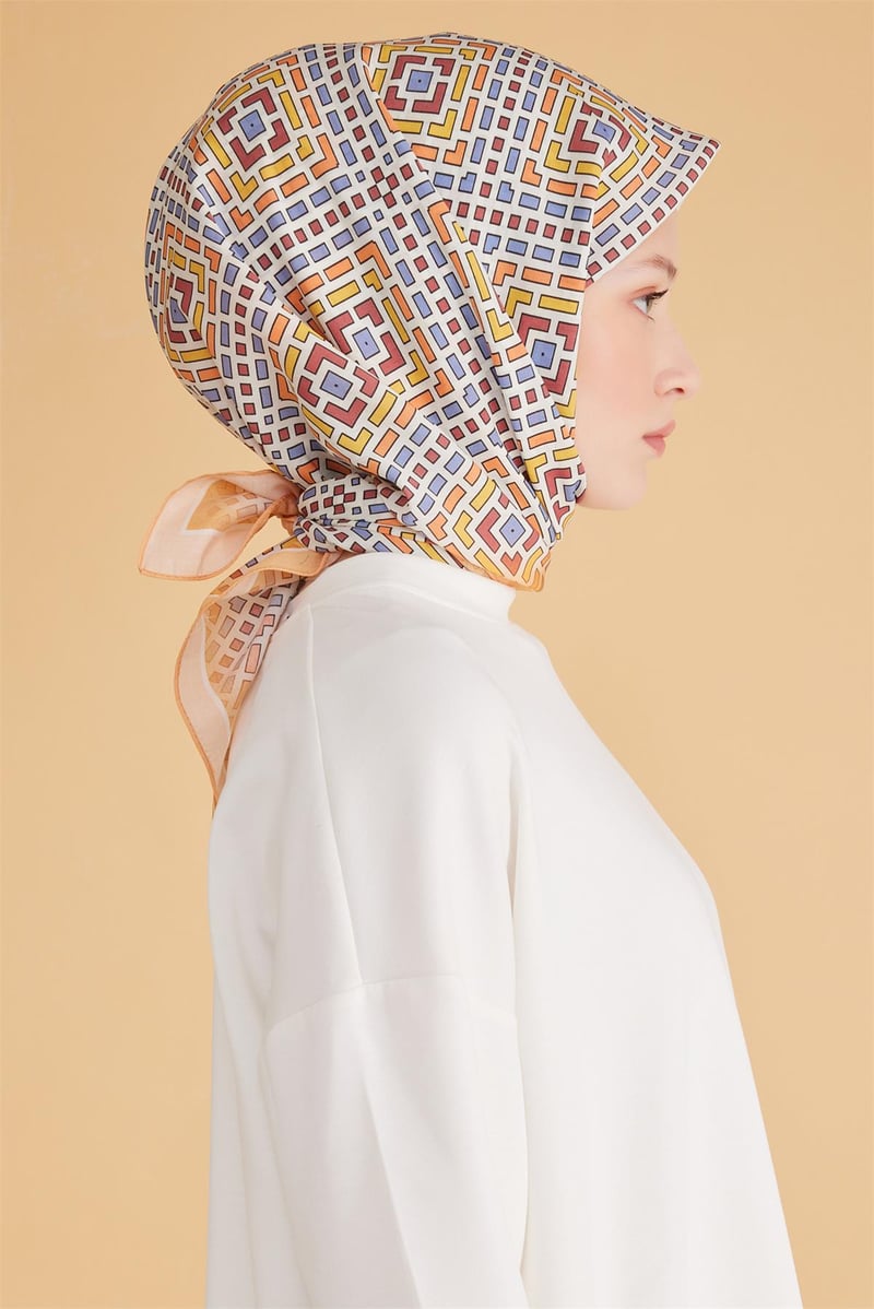 {URUNSEO_TITLE} | BELLI | POLYESTER EŞARP | BELLİ GEOMETRİK DESEN MODALTURUNCU EŞARP 5