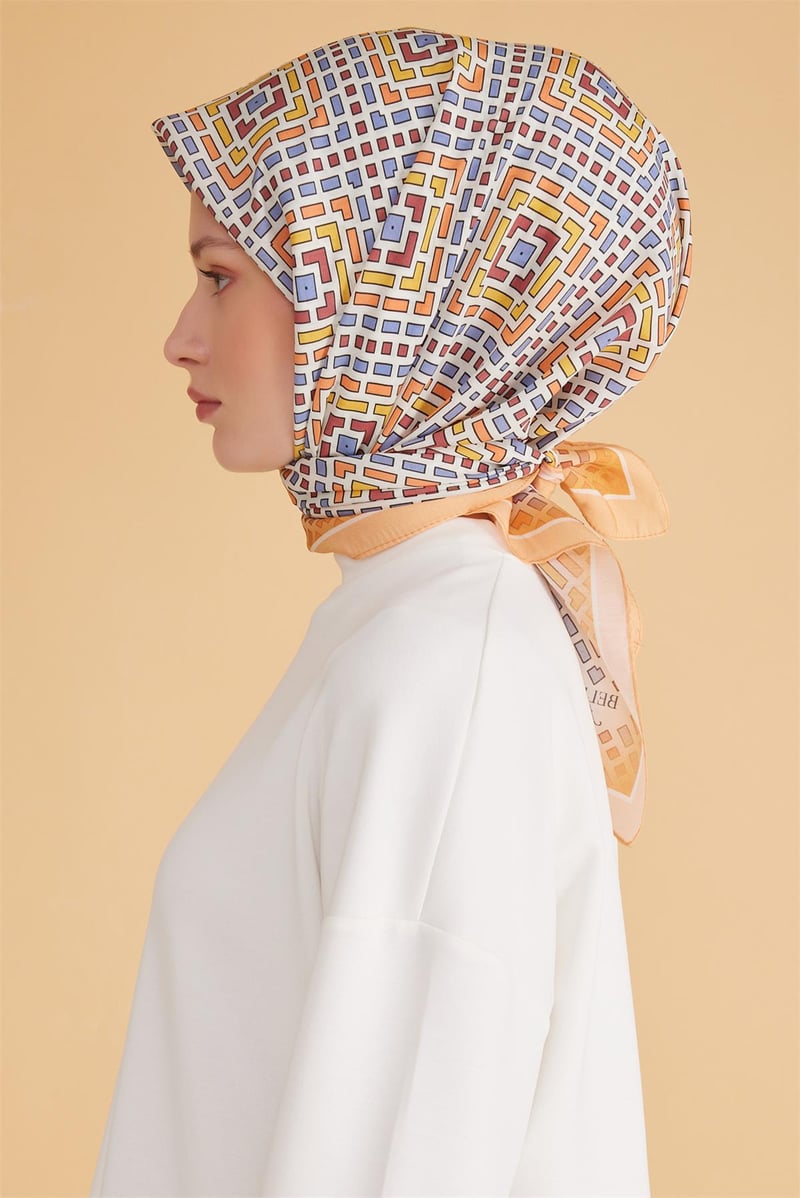 {URUNSEO_TITLE} | BELLI | POLYESTER EŞARP | BELLİ GEOMETRİK DESEN MODALTURUNCU EŞARP 5