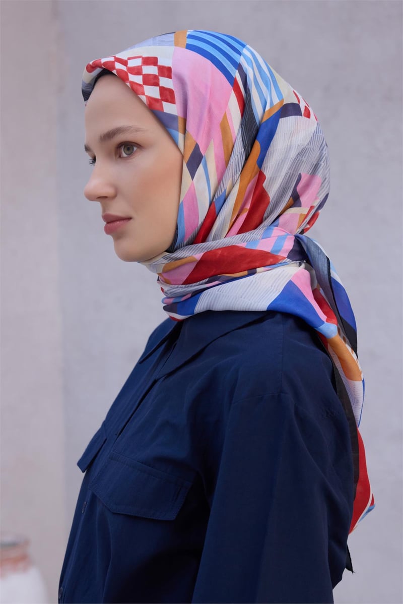 {URUNSEO_TITLE} | BELLI | POLYESTER EŞARP | BELLİ GEOMETRİK DESEN NOVA KIRMIZI - SİYAH EŞARP 1010