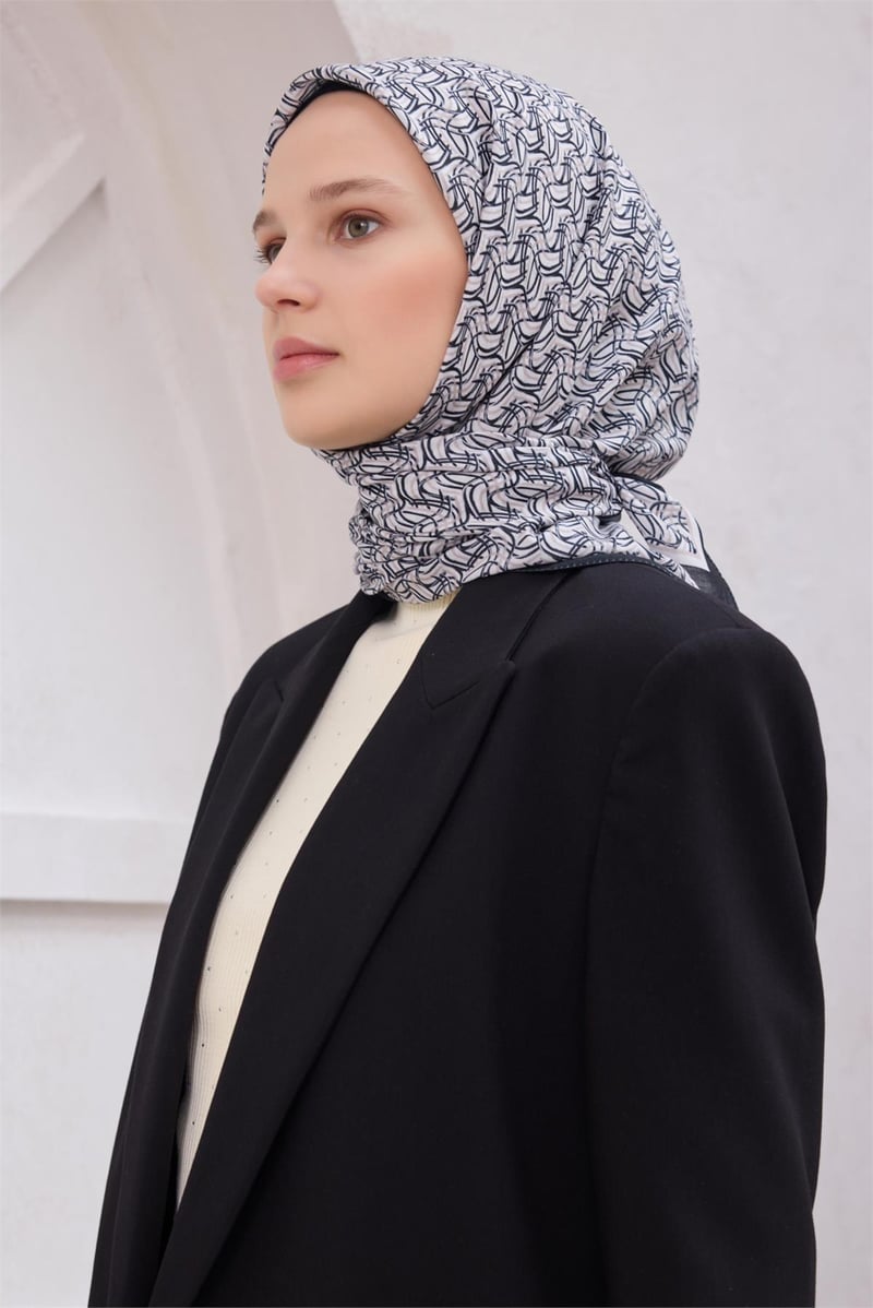 {URUNSEO_TITLE} | BELLI | POLYESTER EŞARP | BELLİ GEOMETRİK DESEN NOVA SİYAH - BEYAZ EŞARP 1007