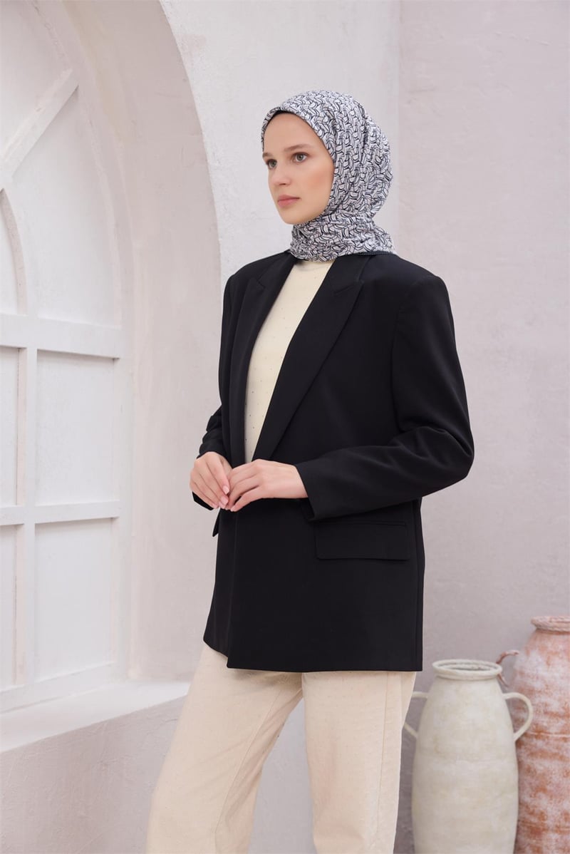 {URUNSEO_TITLE} | BELLI | POLYESTER EŞARP | BELLİ GEOMETRİK DESEN NOVA SİYAH - BEYAZ EŞARP 1007