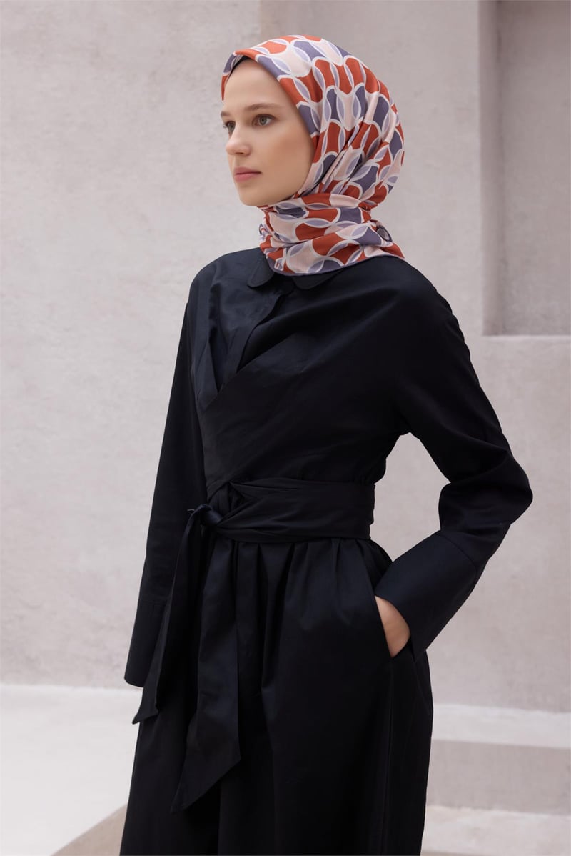 {URUNSEO_TITLE} | BELLI | POLYESTER EŞARP | BELLİ GEOMETRİK DESEN NOVA TURUNCU - MOR EŞARP 1001