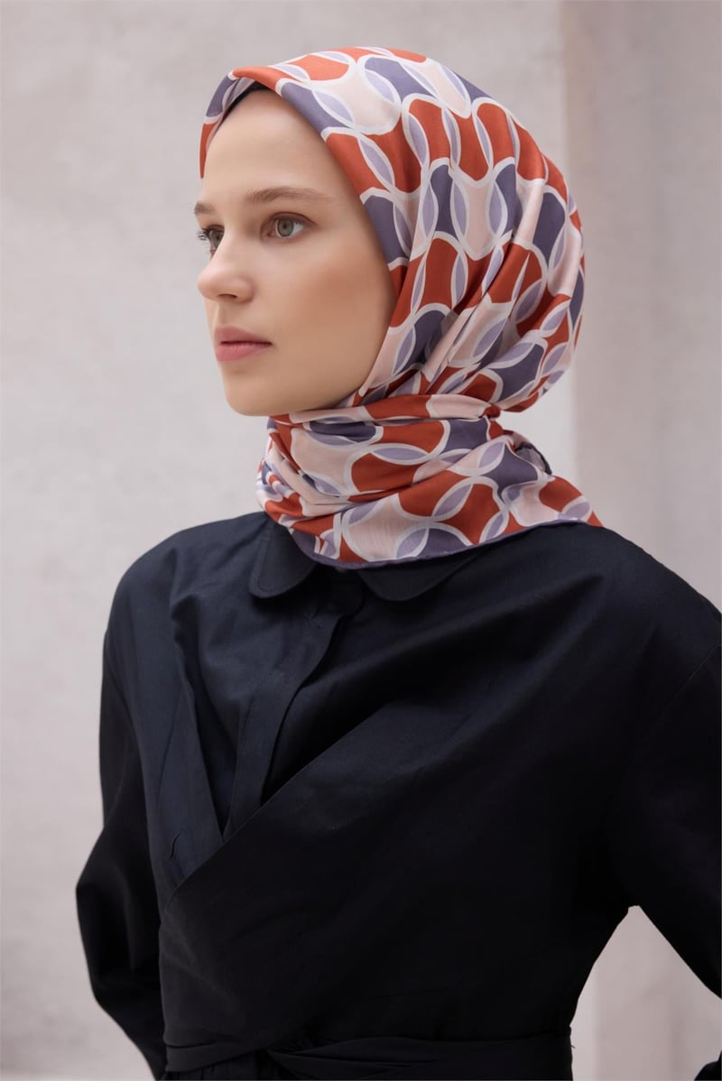 {URUNSEO_TITLE} | BELLI | POLYESTER EŞARP | BELLİ GEOMETRİK DESEN NOVA TURUNCU - MOR EŞARP 1001