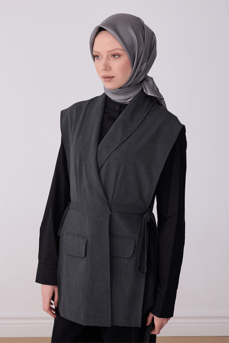Belli Gri Klasik Desen %100 Twill İpek Eşarp 4305-01