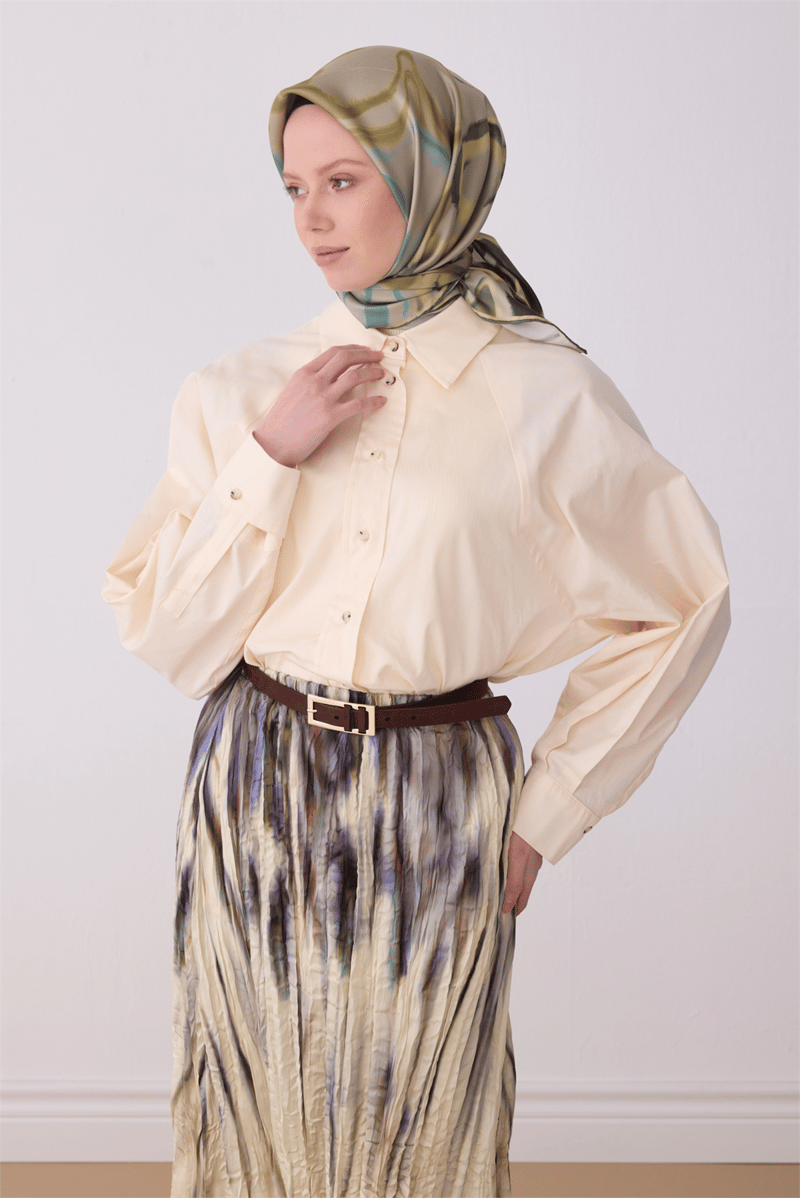 Belli Haki Soyut Desen %100 Twill İpek Eşarp 4301-80