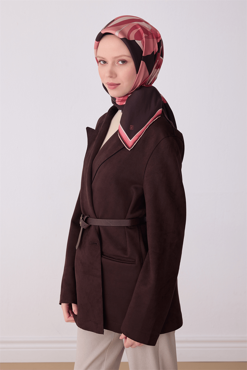 Belli Kahverengi Çiçek Desen %100 Twill İpek Eşarp 4303-35
