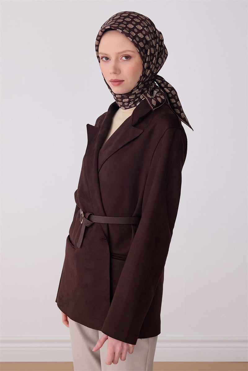Belli Kahverengi Etnik Desen %100 Twill İpek Eşarp 4308-86